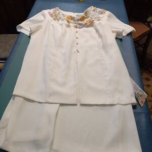 Ultra Dress Cream color with Flowing White floral scarf Cottagecore Granny Chic